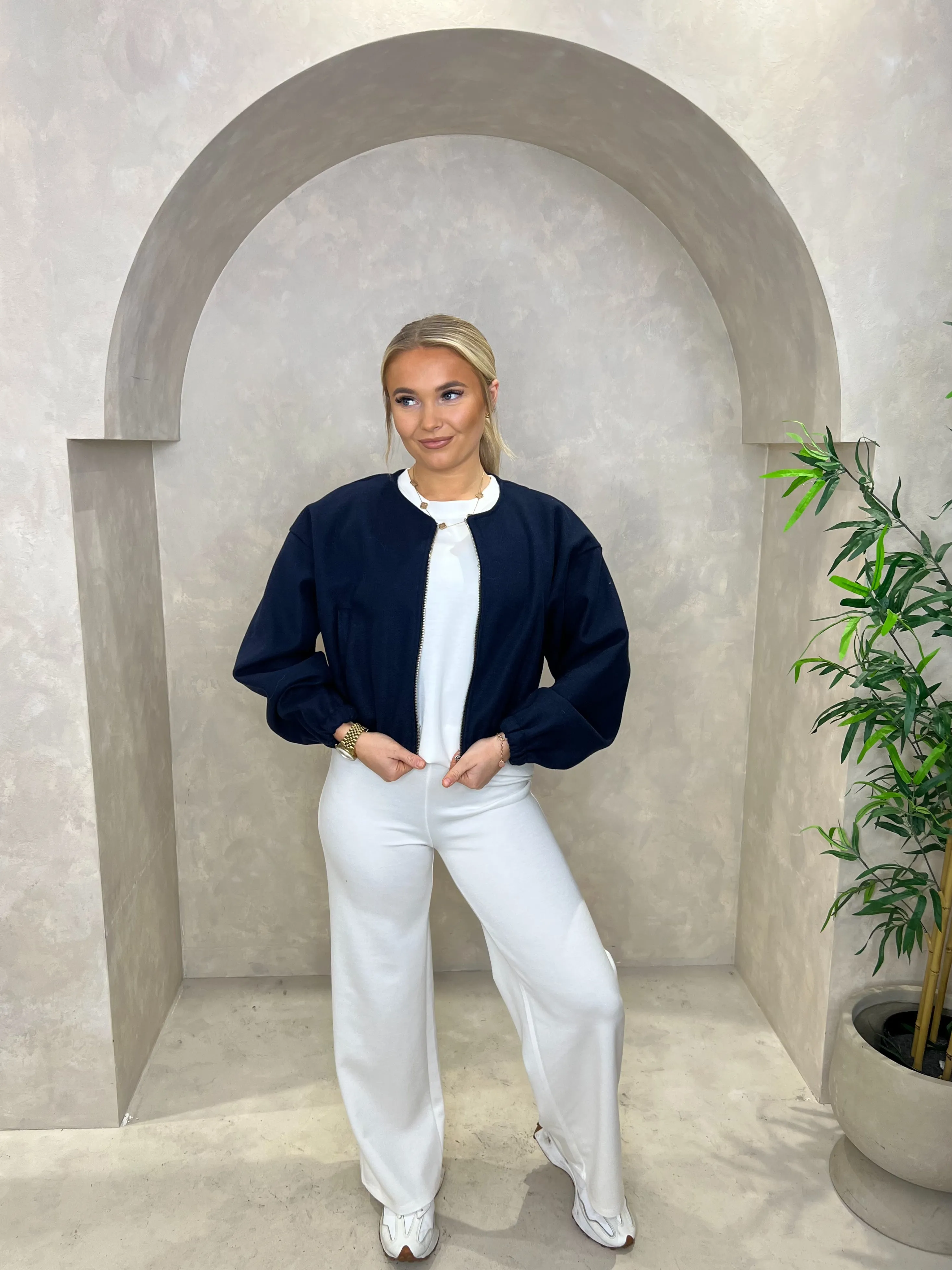 Ventilated Back Panel Collarless Zip Up Bomber Jacket