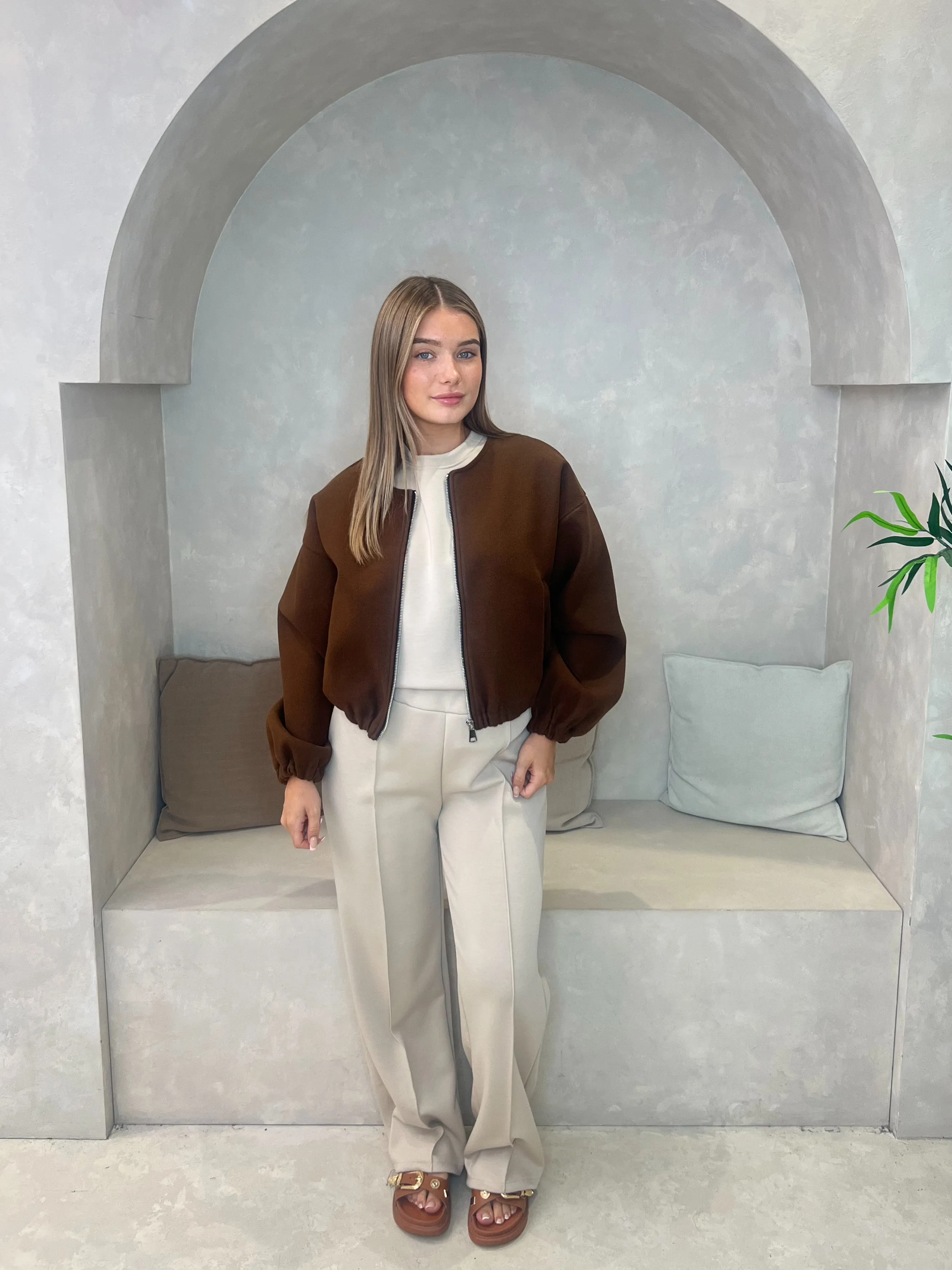 Light Protection Layered Neckline Collarless Zip Up Bomber Jacket