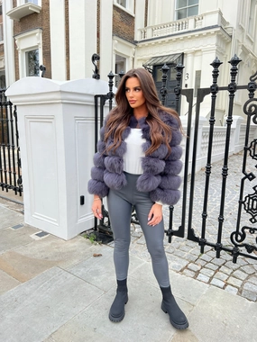 Modern Minimal Charcoal Luxury Fur 5 Row Cropped Sleeve Jacket