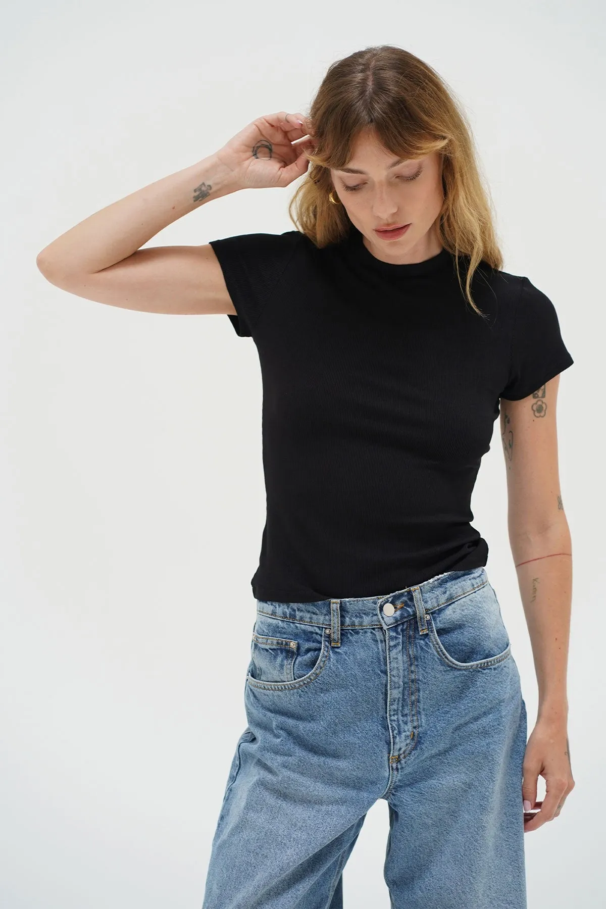 Embroidered Fitted Ribbed Crew Tee - Black