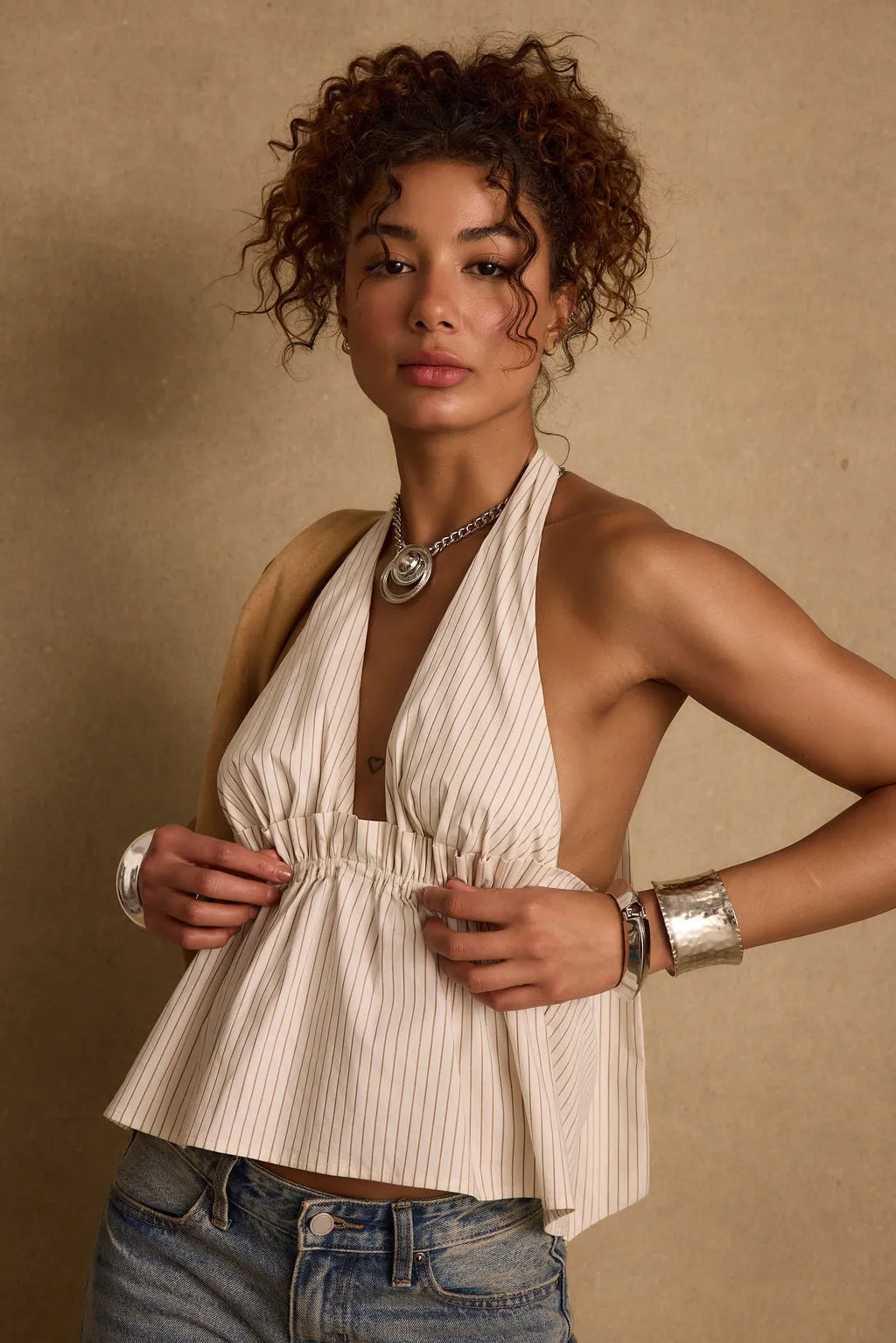 Heda Beige Striped Halter Top BondedHemline