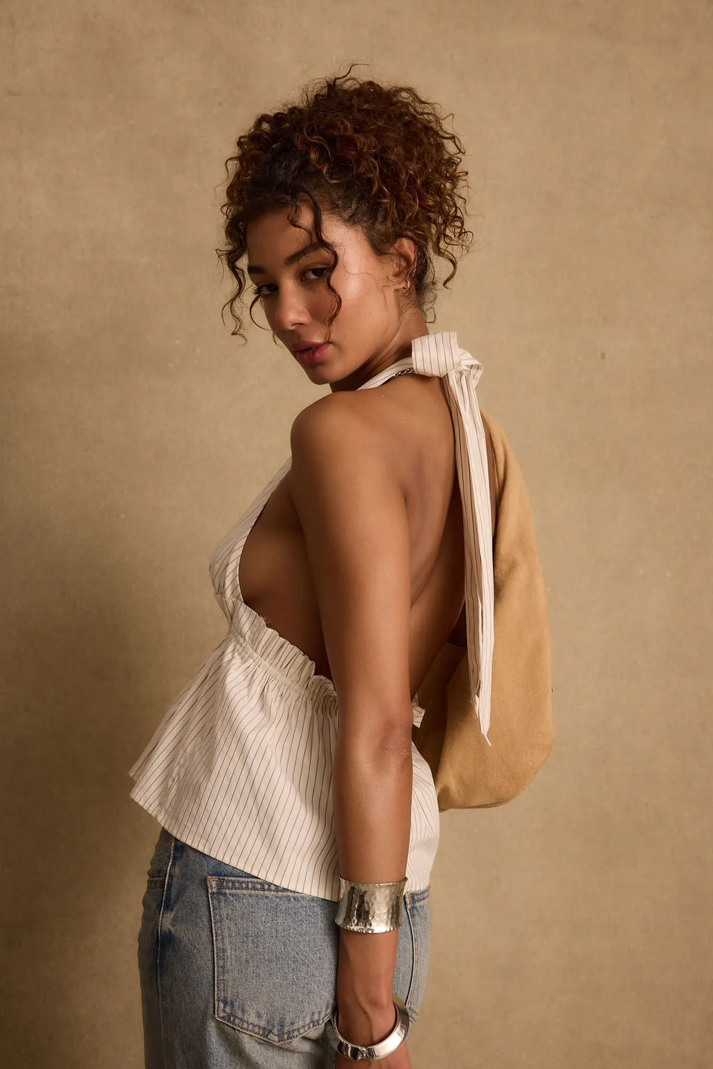 Heda Beige Striped Halter Top WrinkleFree Weave AllDay Comfort Design