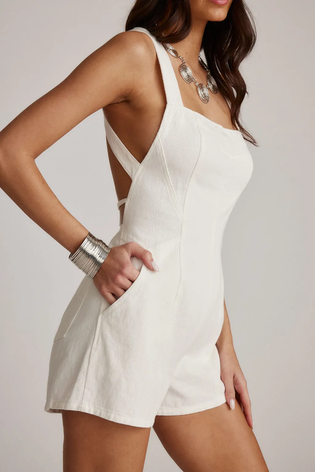 Winona White Denim Romper Smooth Line High-waist
