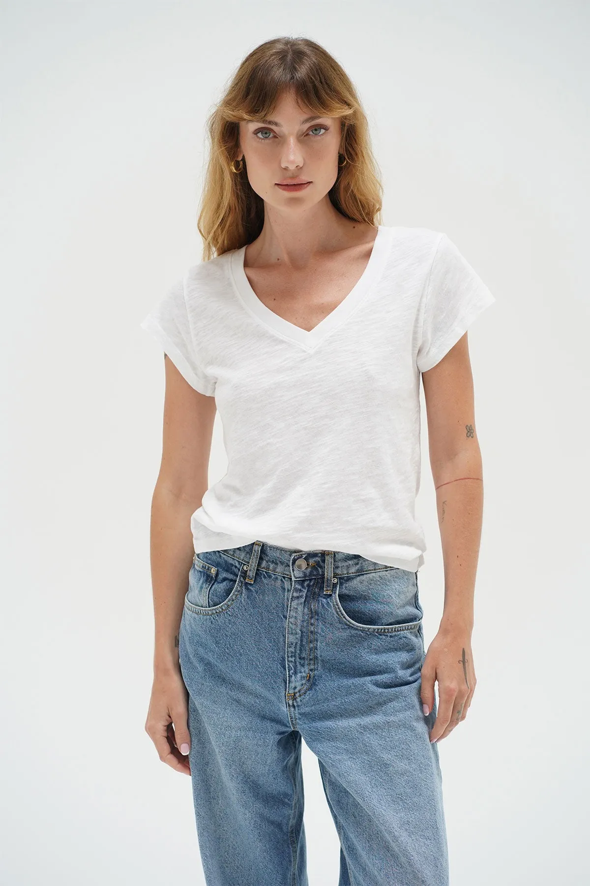 Chic and Cozy Wear Modern Wear Fitted Deep V Cotton Tee - White