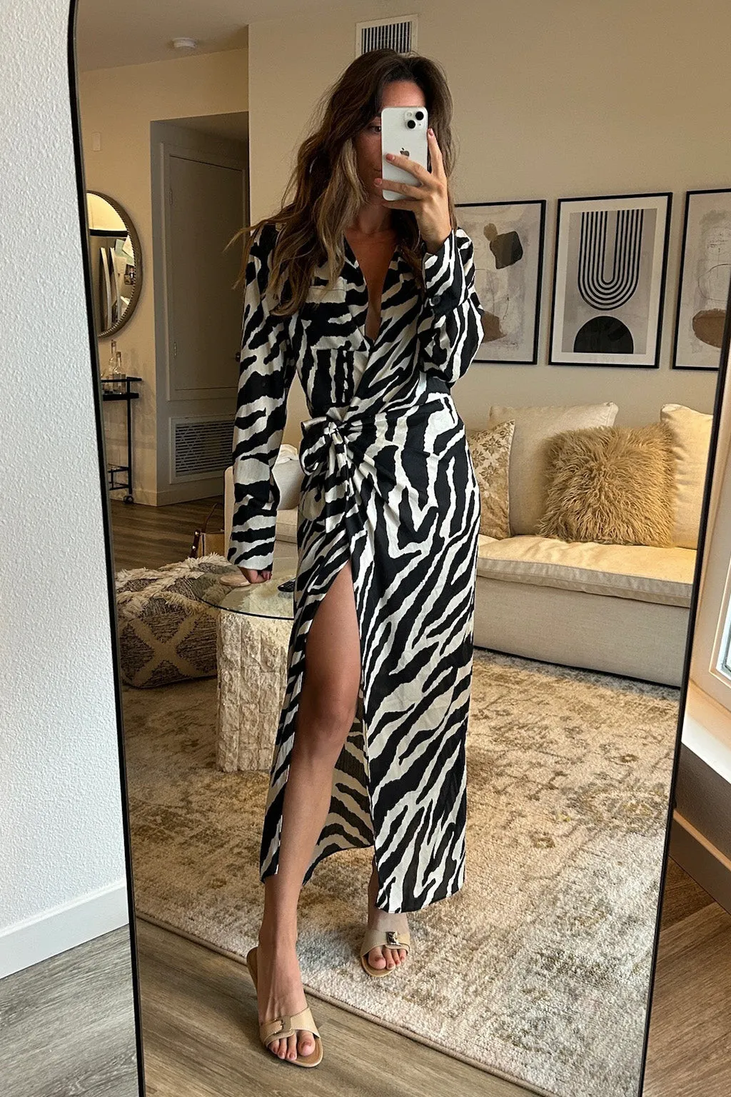 Renna Zebra Long Sleeve Wrap Midi Dress Fresh Energy Sophisticated Cut