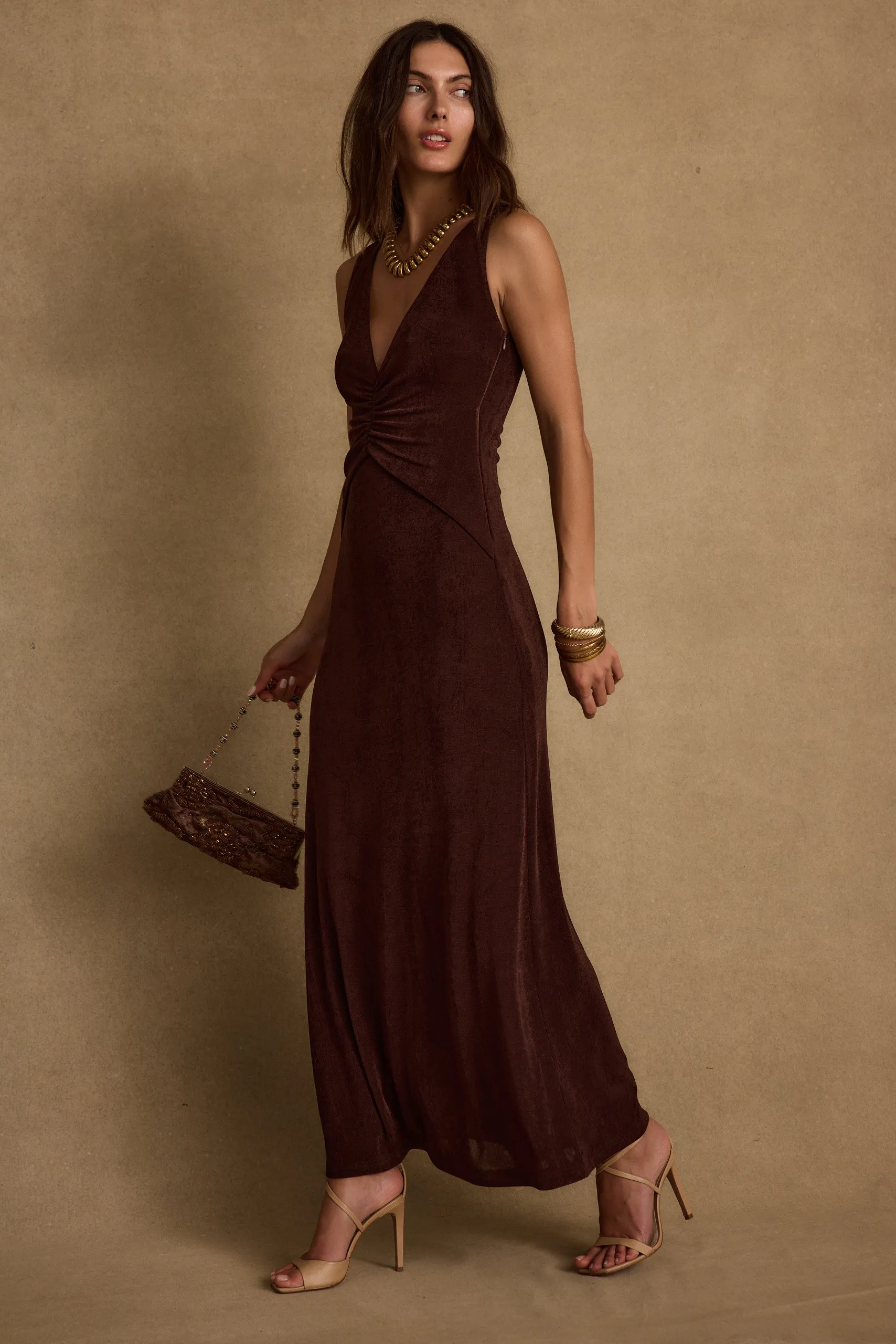 Trend-Inspired Bold Touches Reese Espresso Slinky Maxi Dress