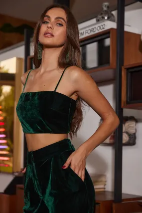 Layered Neckline Details ButtonFront Rhea Emerald Velvet Crop Top