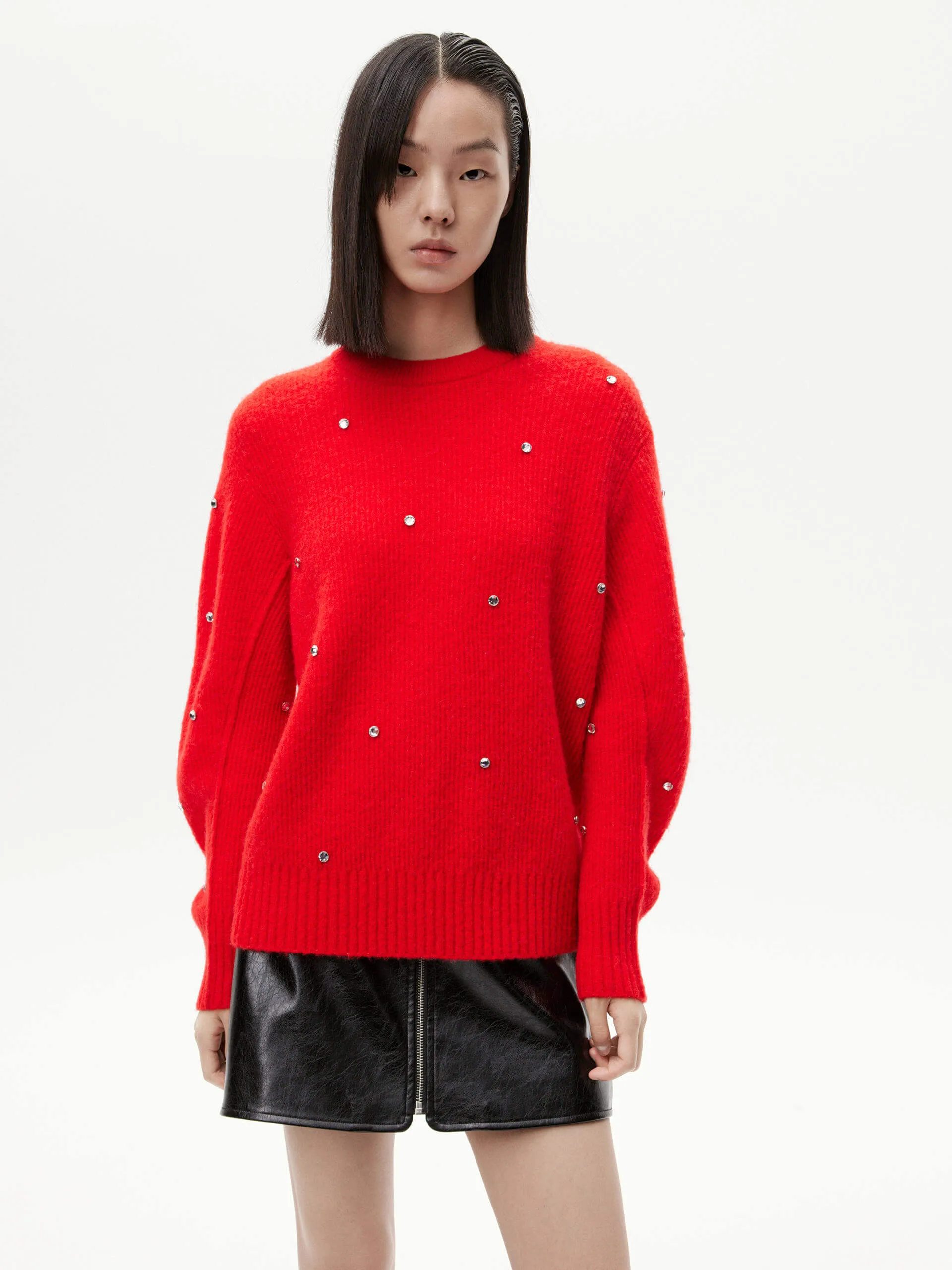 Rhinestone Detail Loose Sweater Knitwear Comfort Simple Chic