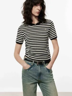 Chilly Day Layers Comfortable Stretch Ruched Detail Striped T-shirt