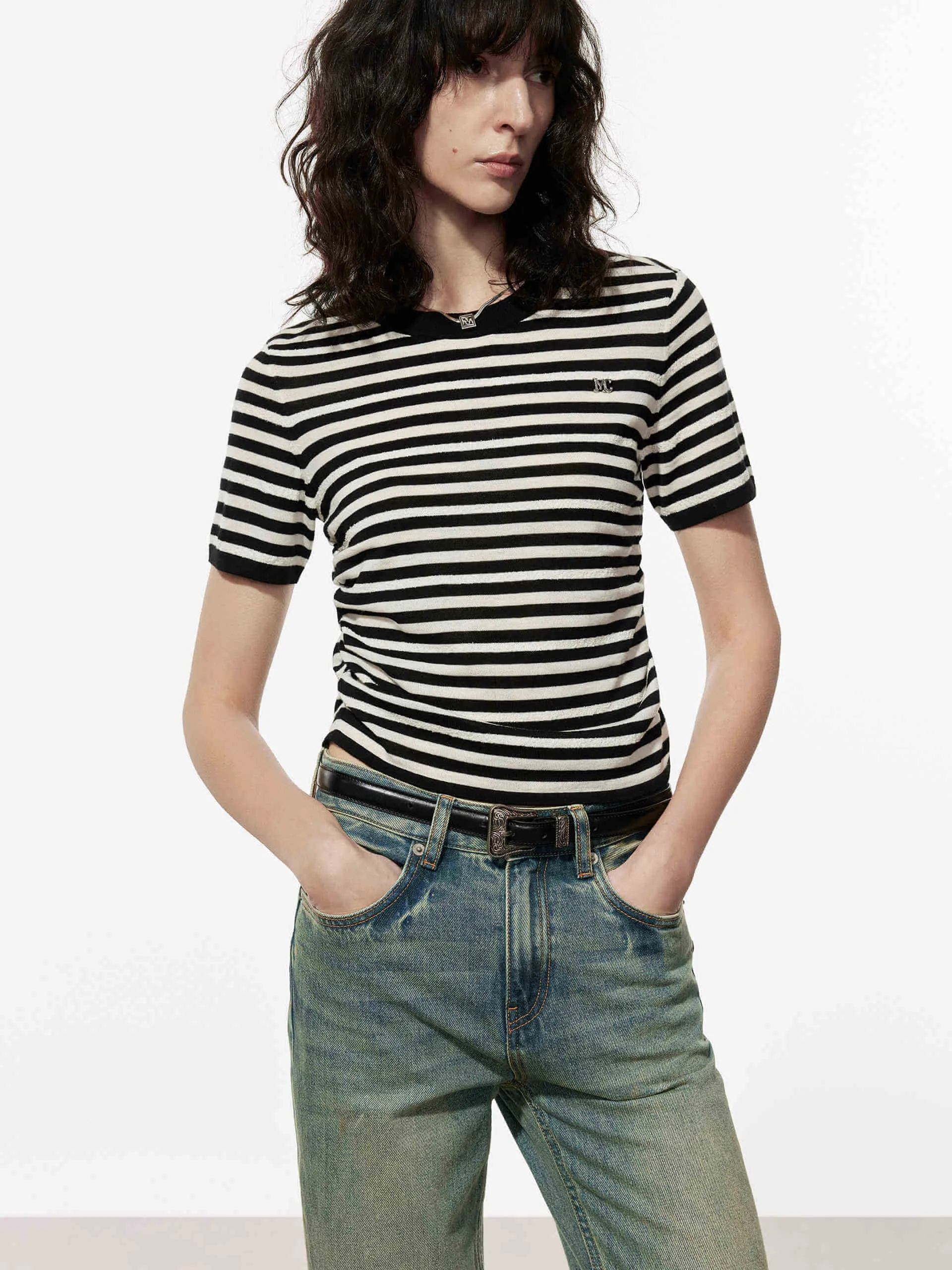 Chilly Day Layers Comfortable Stretch Ruched Detail Striped T-shirt