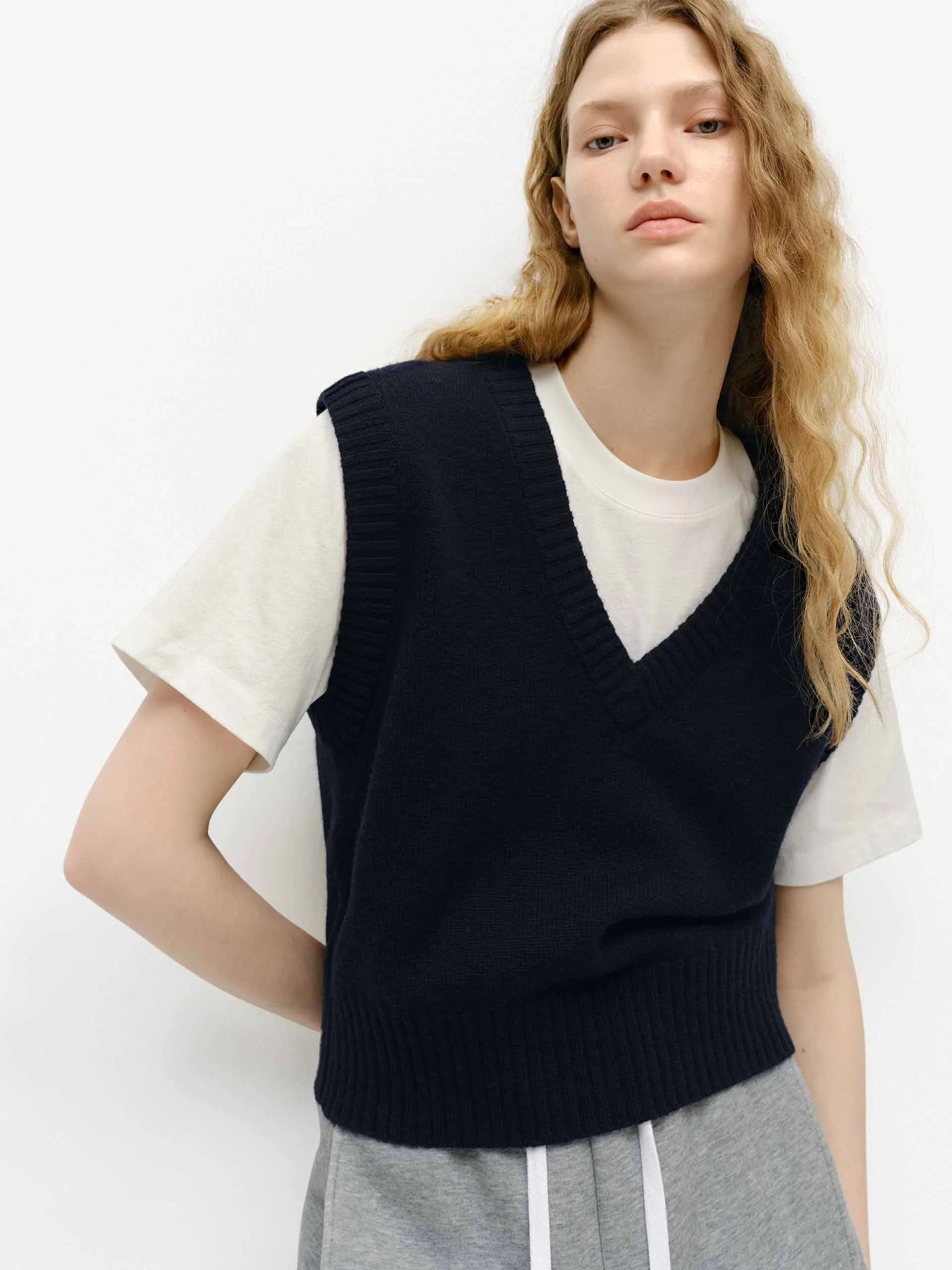 Ribbed Trim Knit Vest Soft Texture Cold Weather Fashion
