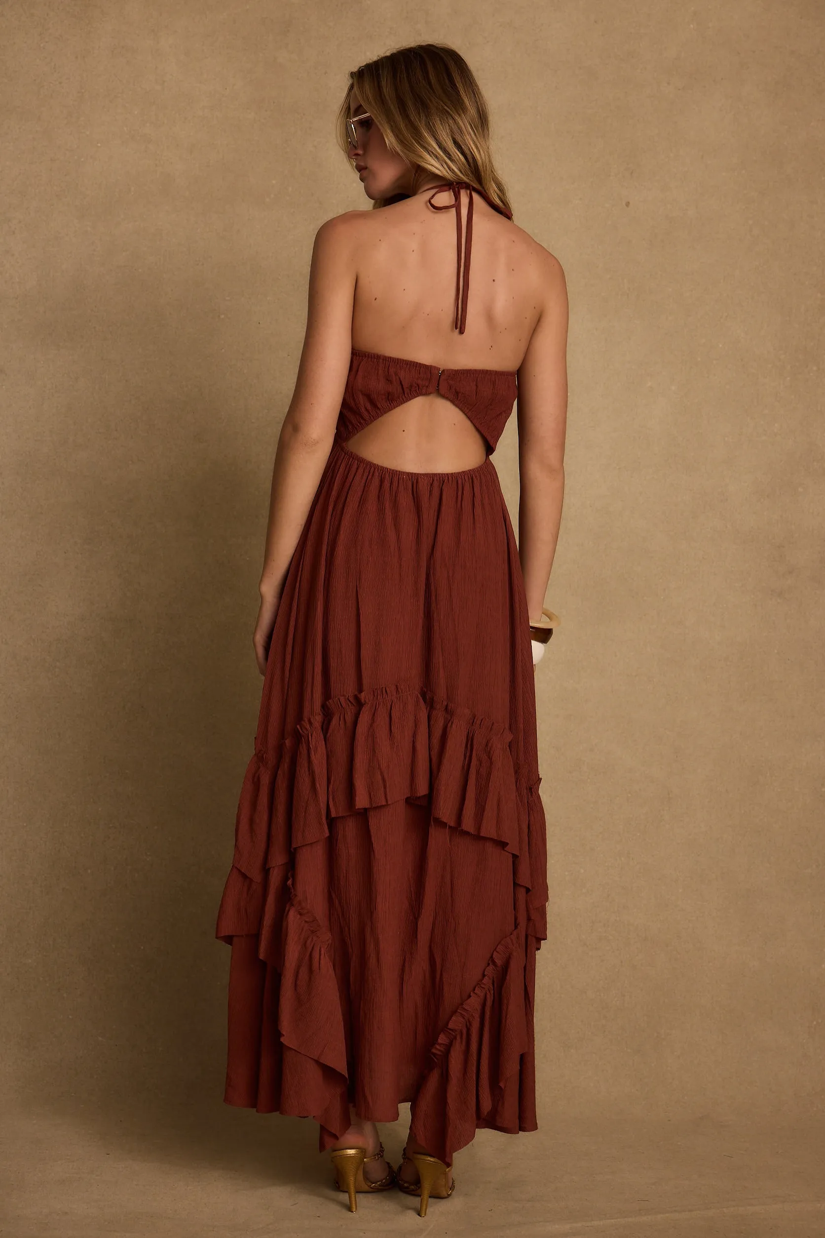 Rosamar Terracotta Ruffle Maxi Dress Soft Balance Unisex Option