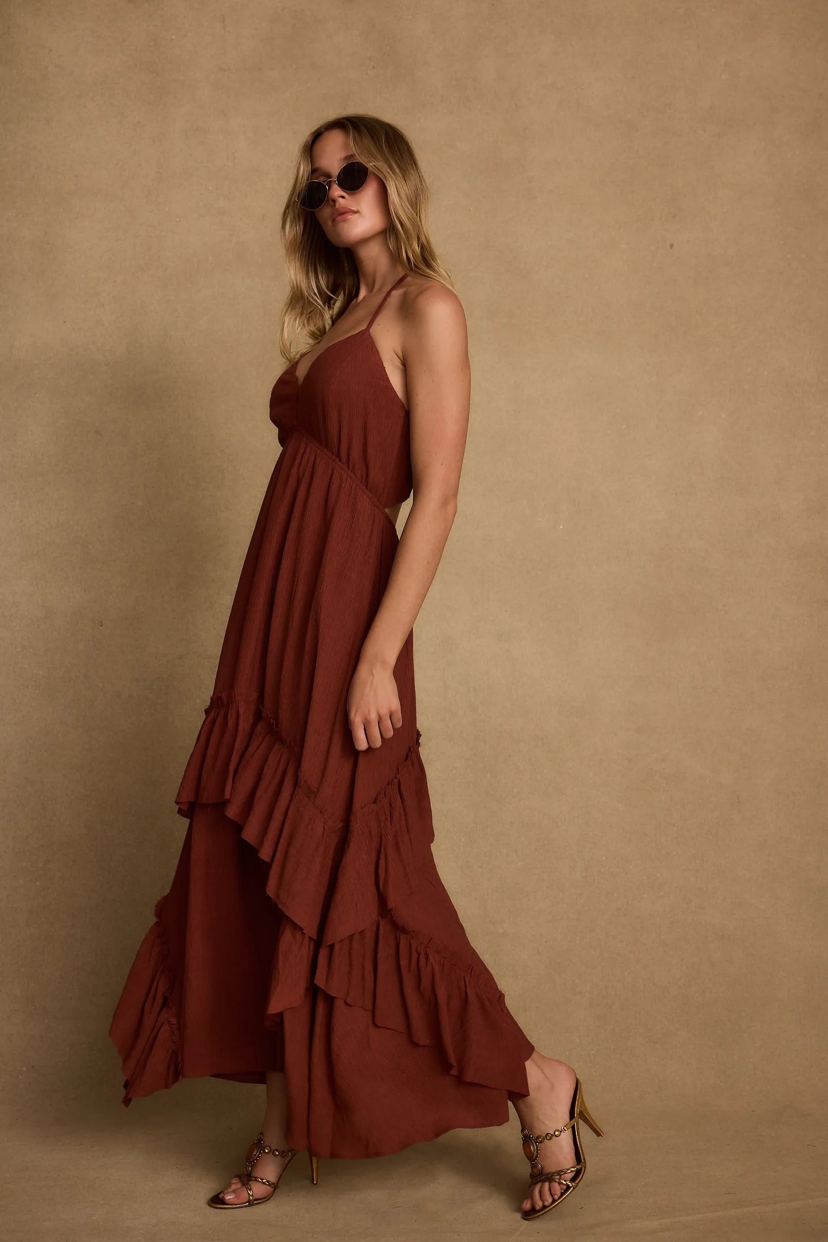 Rosamar Terracotta Ruffle Maxi Dress Fit Base