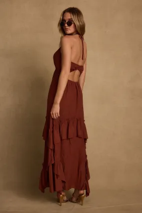 Rosamar Terracotta Ruffle Maxi Dress Halter neck