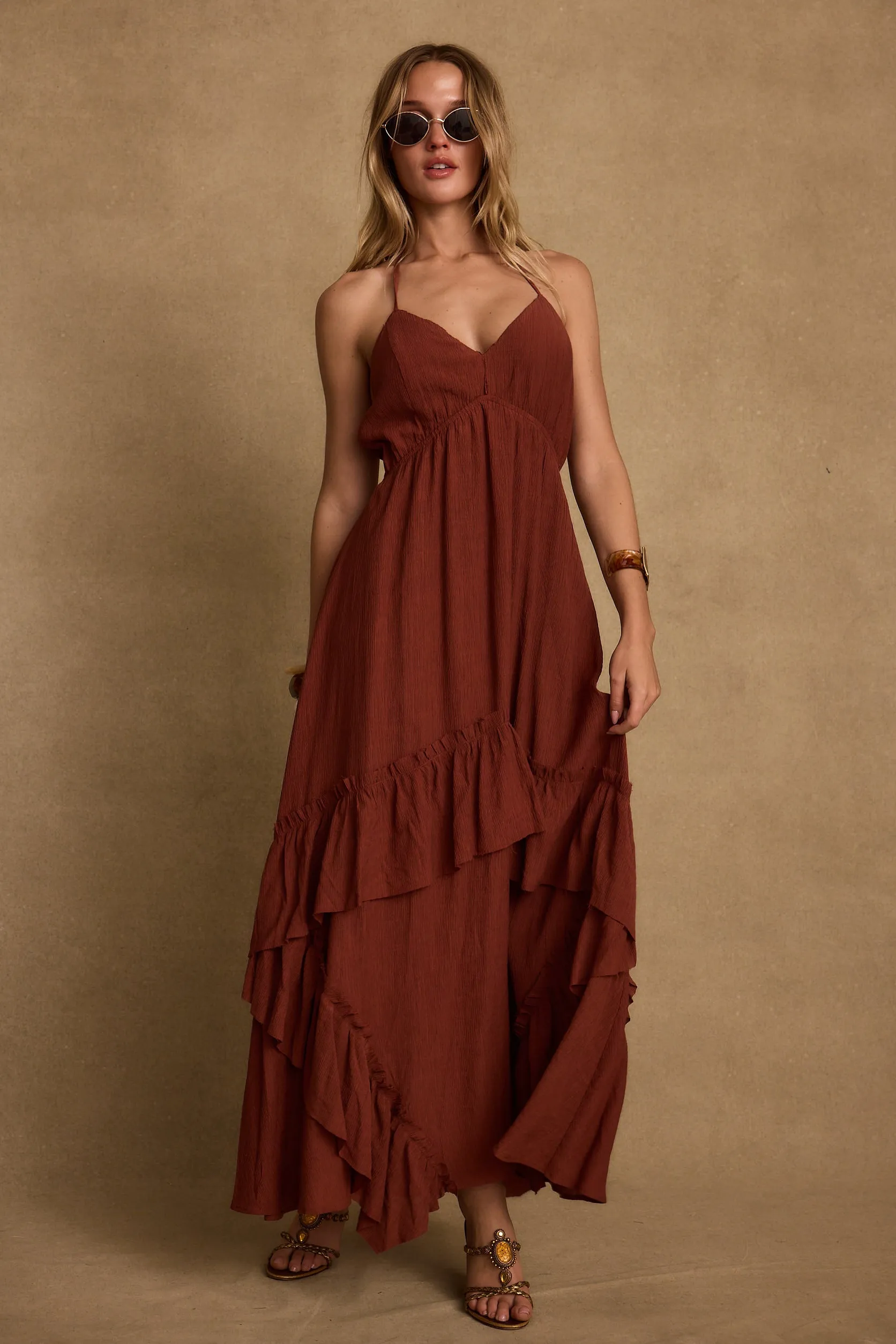 Light Base Soft Balance Rosamar Terracotta Ruffle Maxi Dress