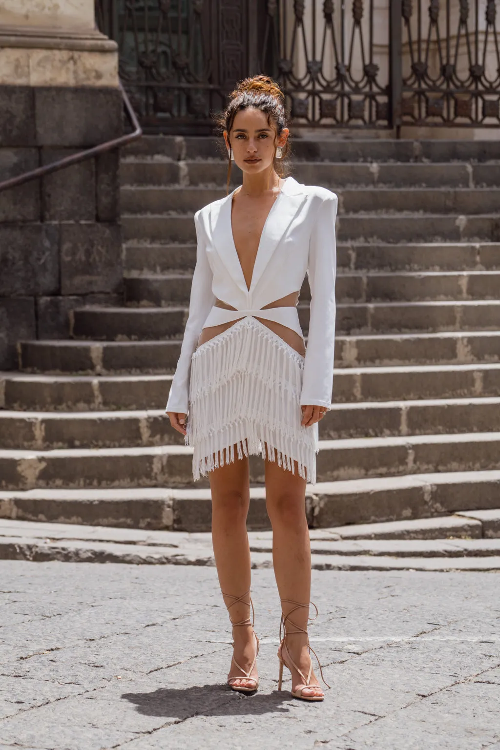 Boho Mood Soft fabric piece Rosetta White Lace Fringe Blazer Dress