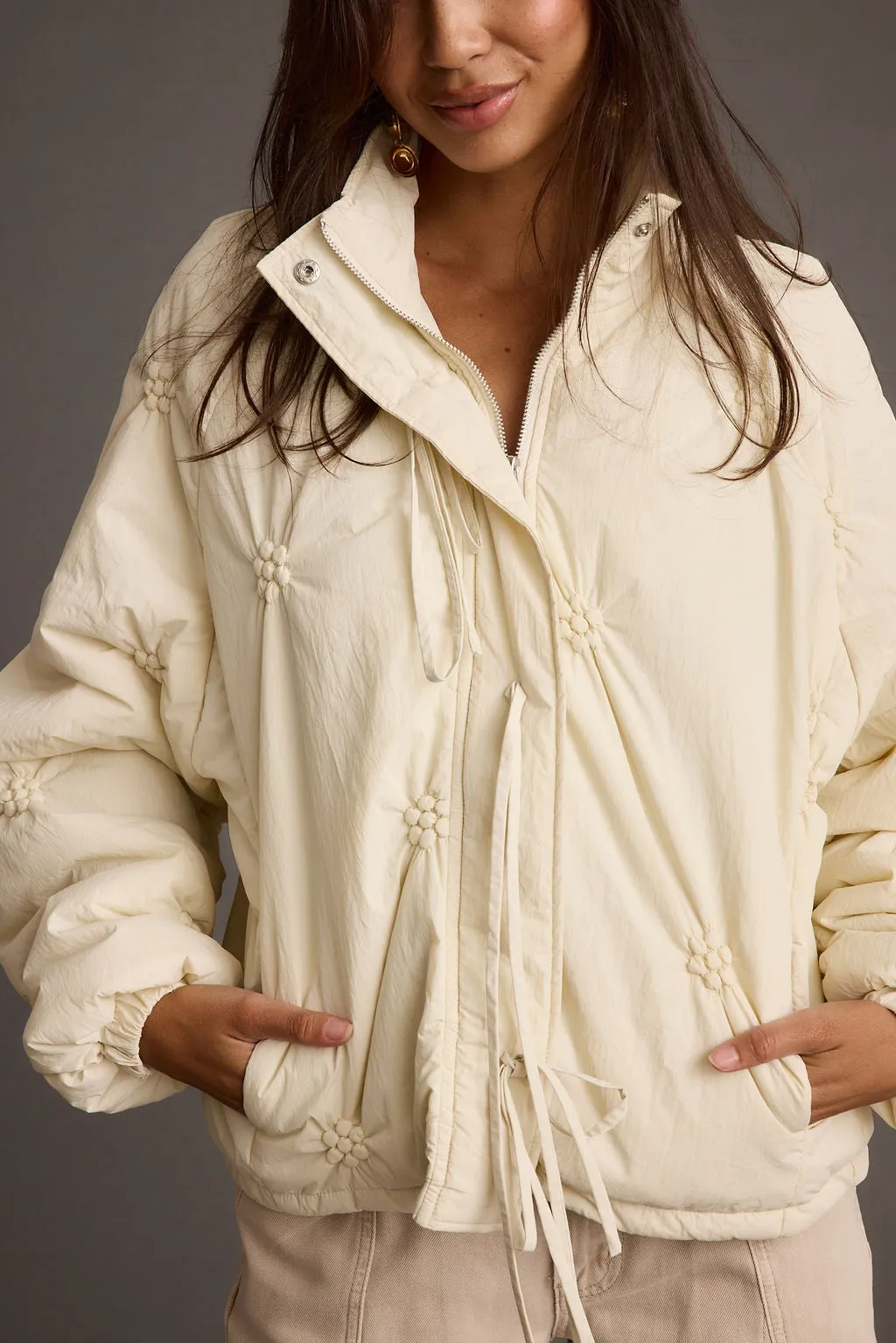 Rosey Cream Zip Front Puffer Coat Lightweight Construction