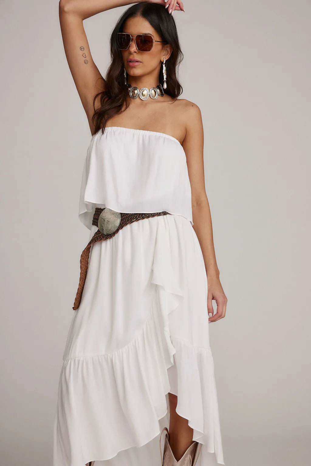 Stylish Mood Satin Fabric Rosie White Strapless Dress