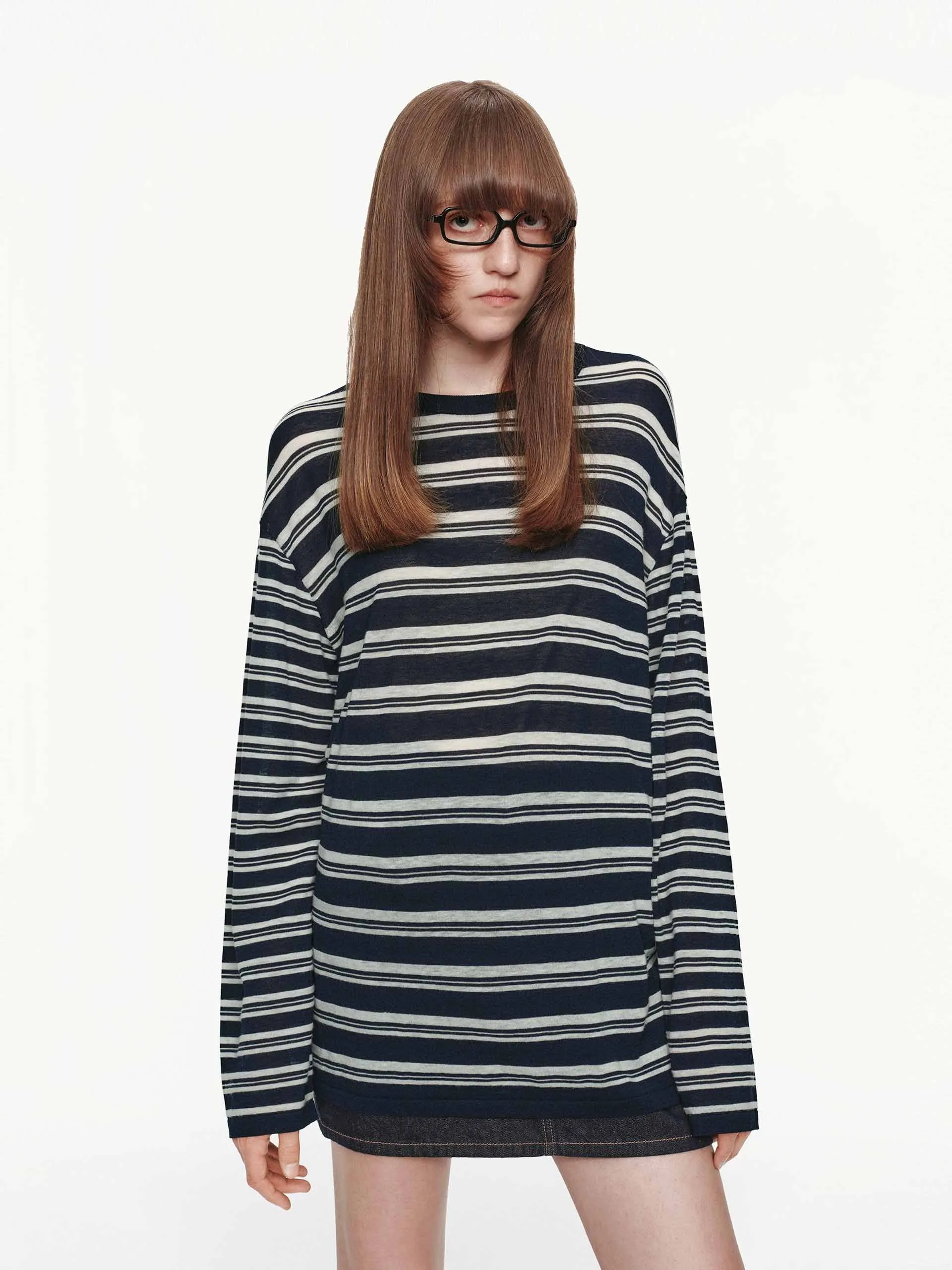Round Neck Striped Sweater Roomy Waist