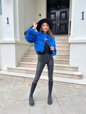 Seamless Technology Royal Blue Luxury Fur 5 Row Cropped Sleeve Jacket