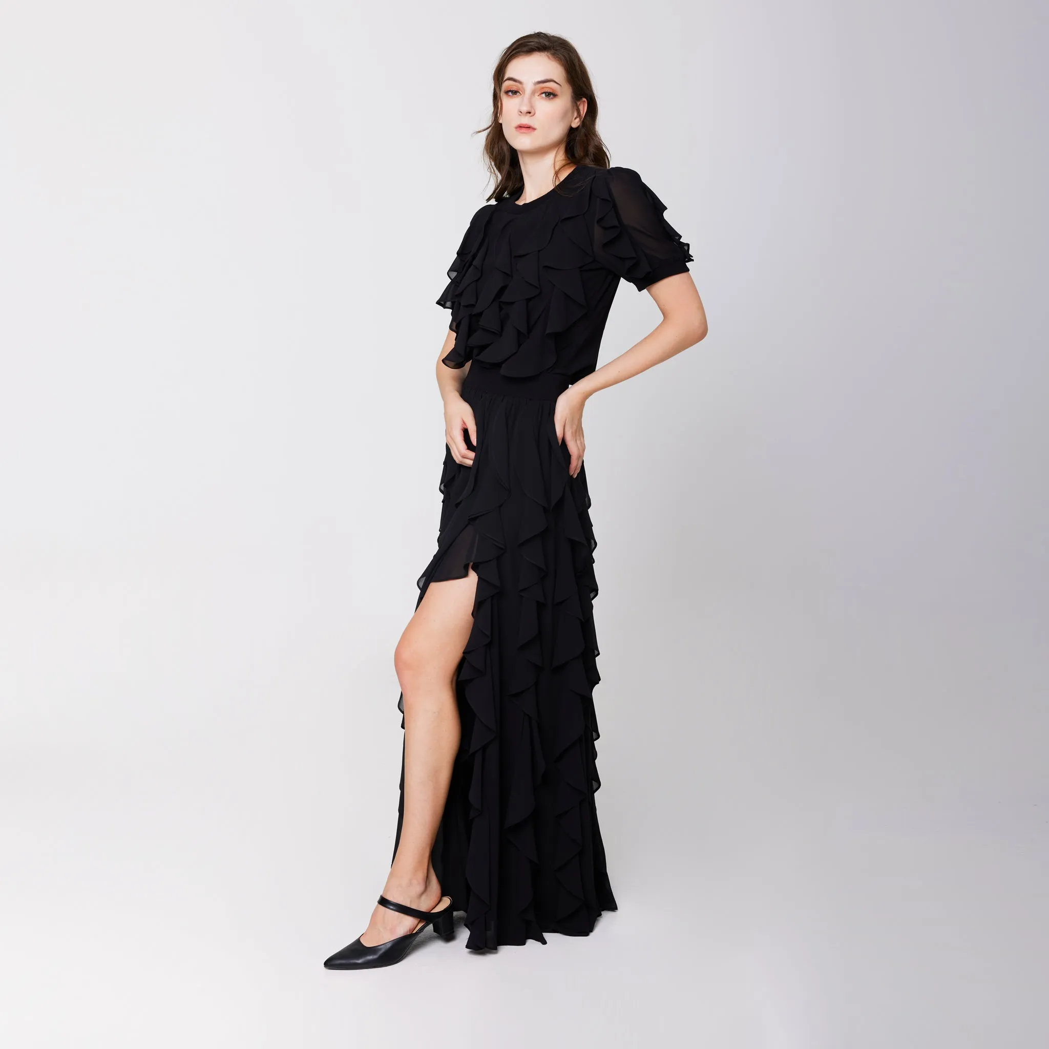Multi Purpose Fabric Easy Comfort Ruffled Slit Skirt