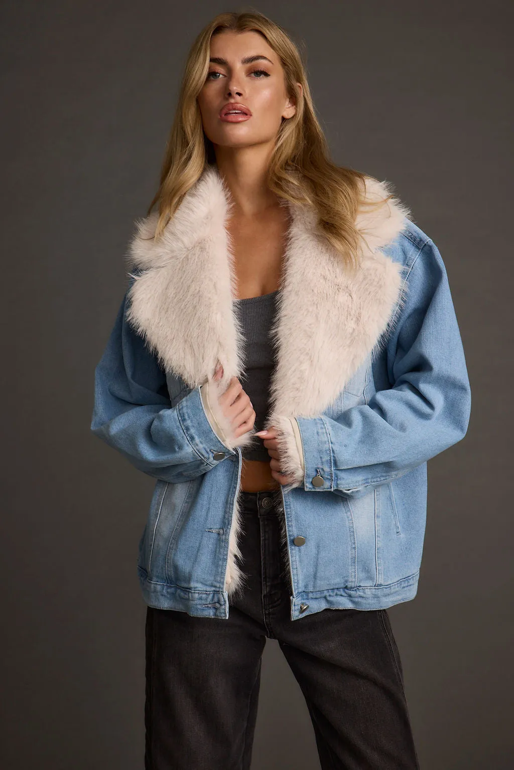Waist String Rylee Denim Jacket with Faux Fur Trim