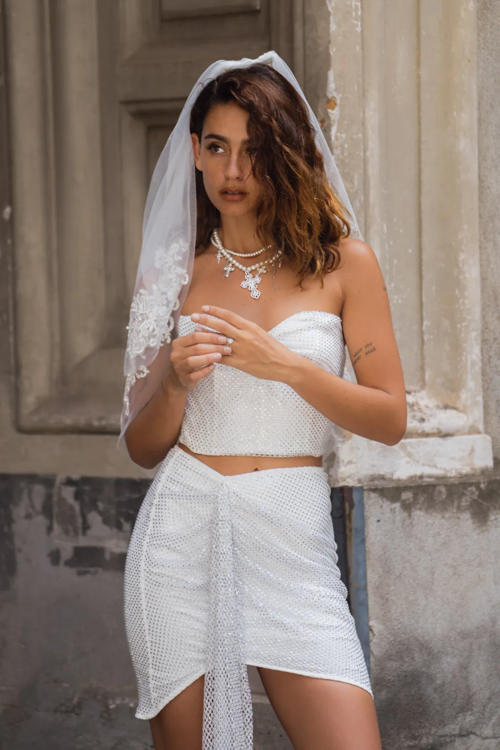 Neutral Look Sabrina Rhinestone Mesh Mini Skirt