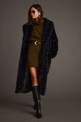 Floral Motif Spandex Sasha Black Floor Length Coat