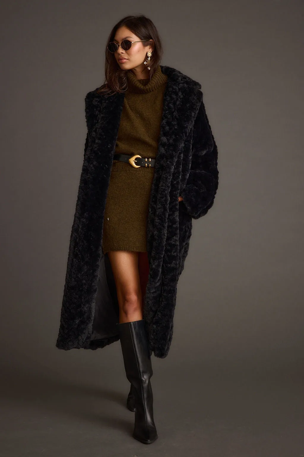 Floral Motif Spandex Sasha Black Floor Length Coat