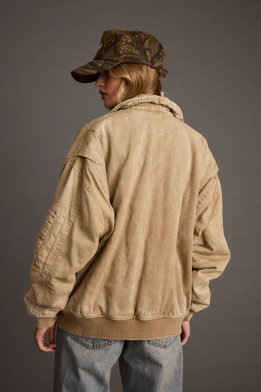 Satin Musician Sawyer Washed Tan Oversized Bomber Jacket