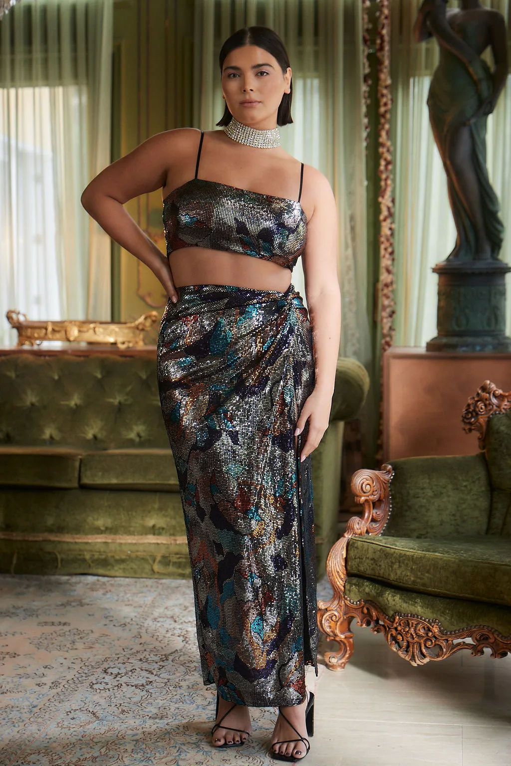 Toulouse Abstract Sequin Crop Top Mesh Panel Details OdorResistantTreatment