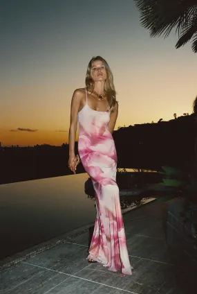 Amora Pink Floral Mesh Maxi Dress Office Wear