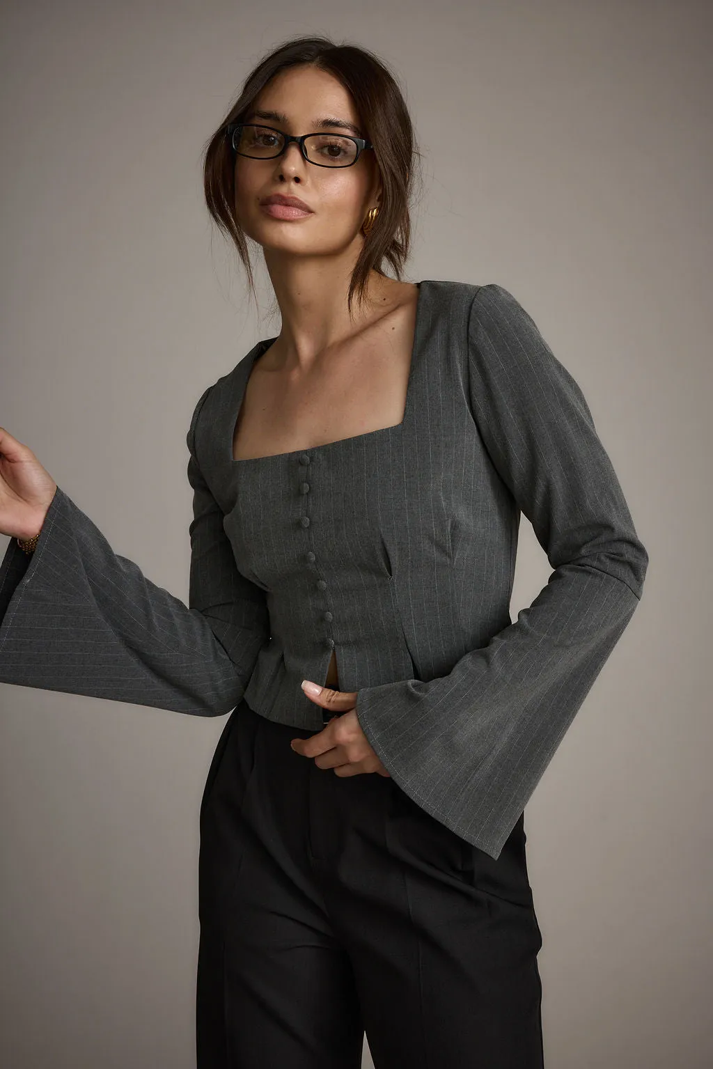 McGrath Grey Pinstripe Long Sleeve Top school setting Tablecloth