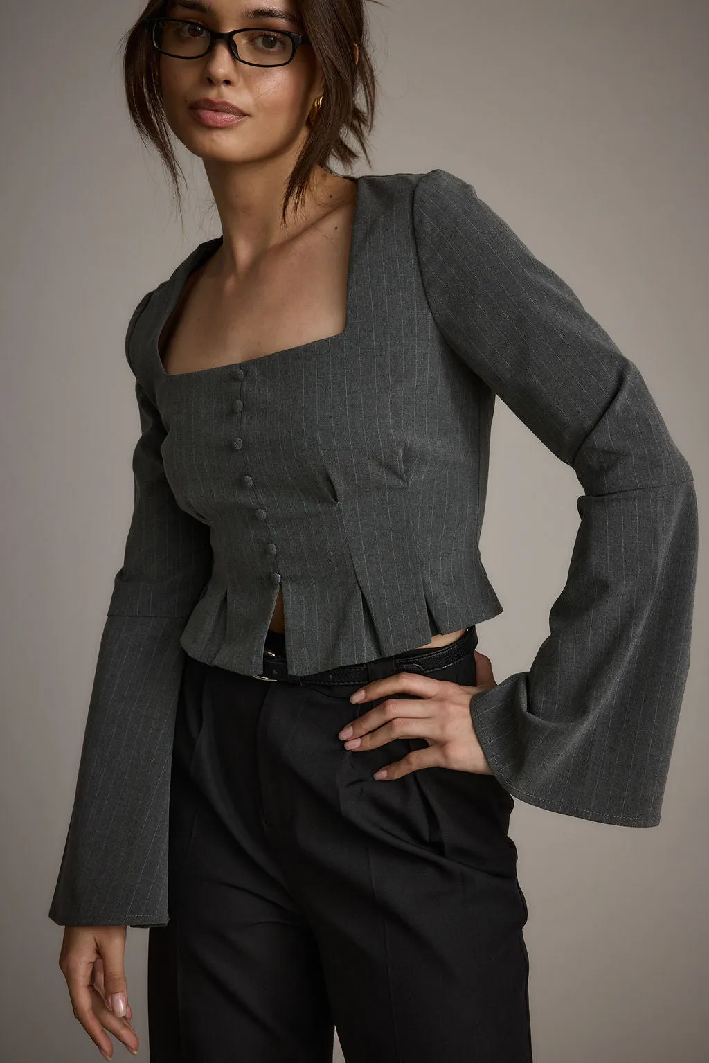 McGrath Grey Pinstripe Long Sleeve Top Pullover type Hooded