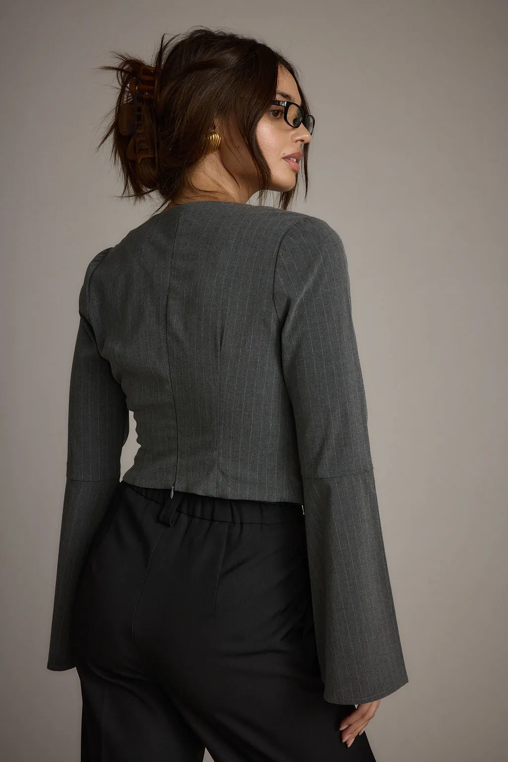 Upcycled Eco Dyeing Process McGrath Grey Pinstripe Long Sleeve Top