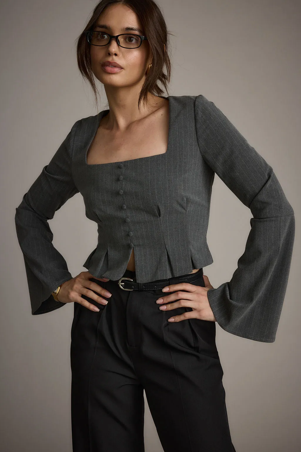 Collared McGrath Grey Pinstripe Long Sleeve Top