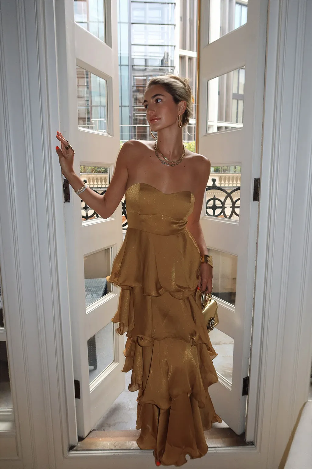Selene Gold Ruffle Maxi Dress Chilly Comfort