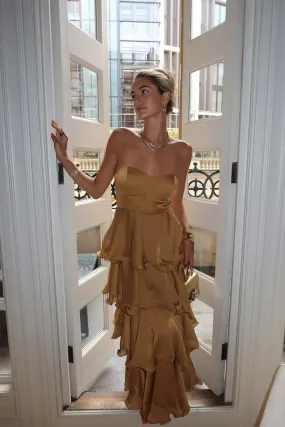 Selene Gold Ruffle Maxi Dress Chilly Comfort