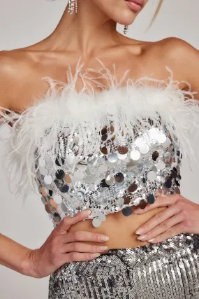 Sella Silver Sequin & Feather Trim Tube Top Convertible Style