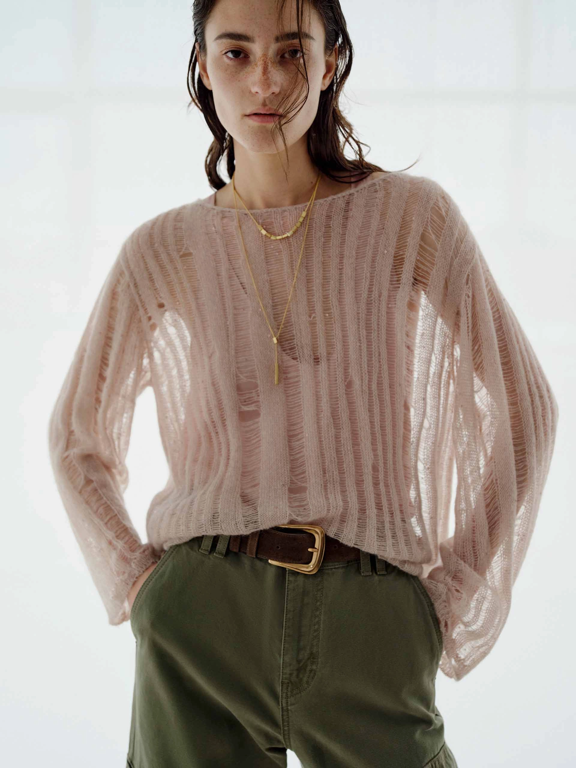 Sequin Open Knitted Top DoubleLayered Hem EcoFriendly Material Blend
