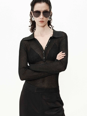Biodegradable Fiber Blend City Style Sheer Ribbed Knit Top