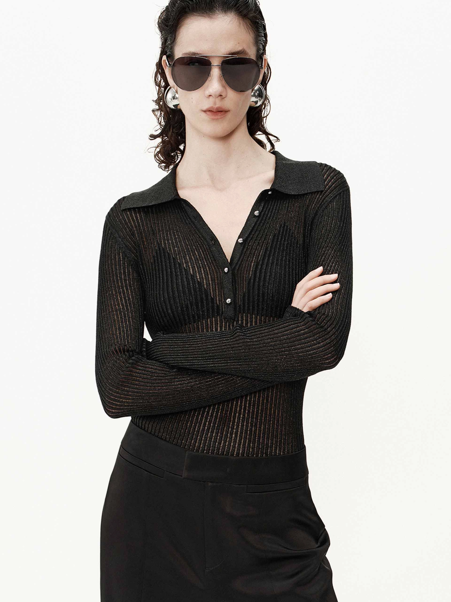 Sheer Ribbed Knit Top Subtle Details