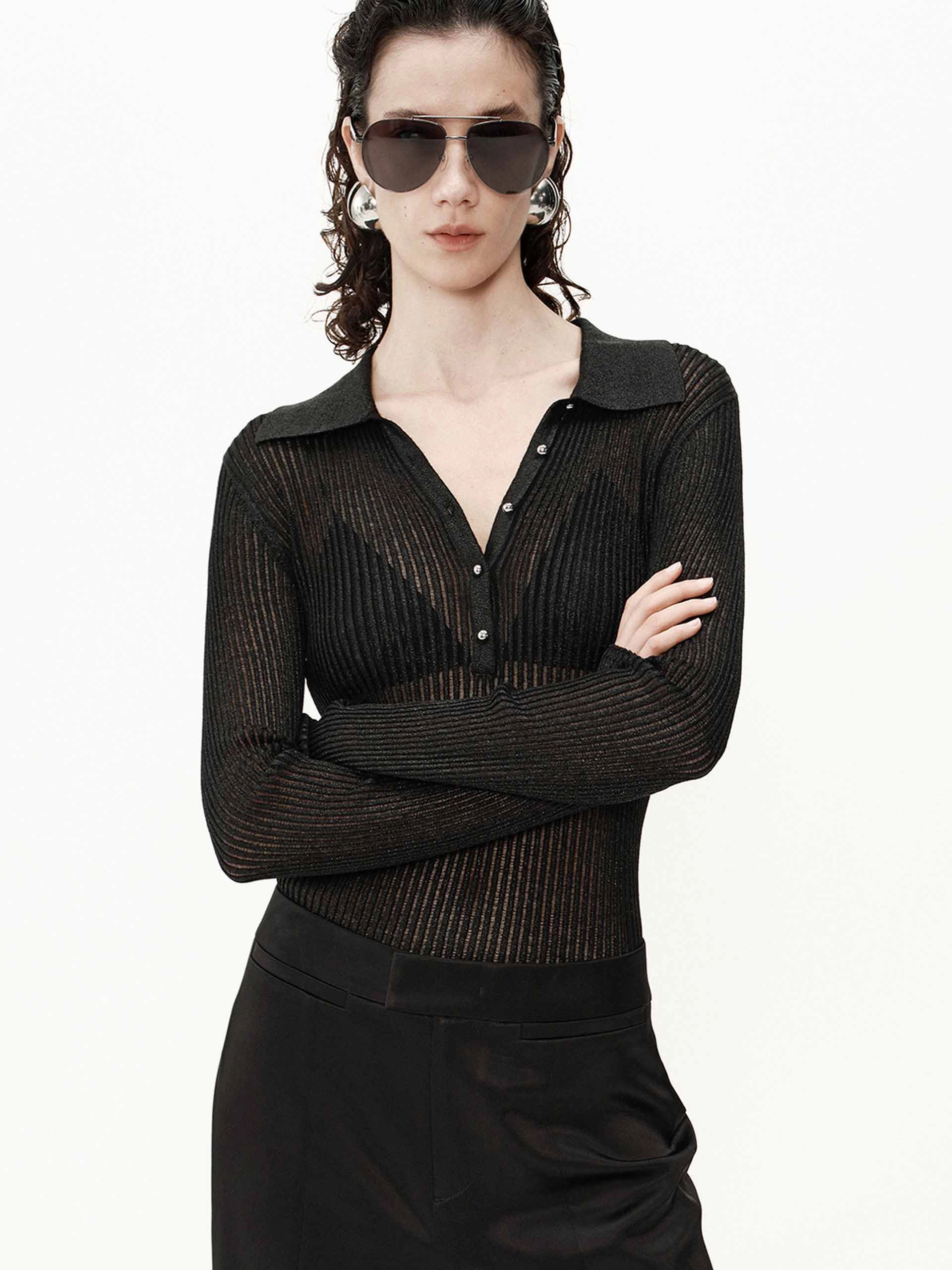 Sheer Ribbed Knit Top Soft Ribbed Texture Versatile Layer