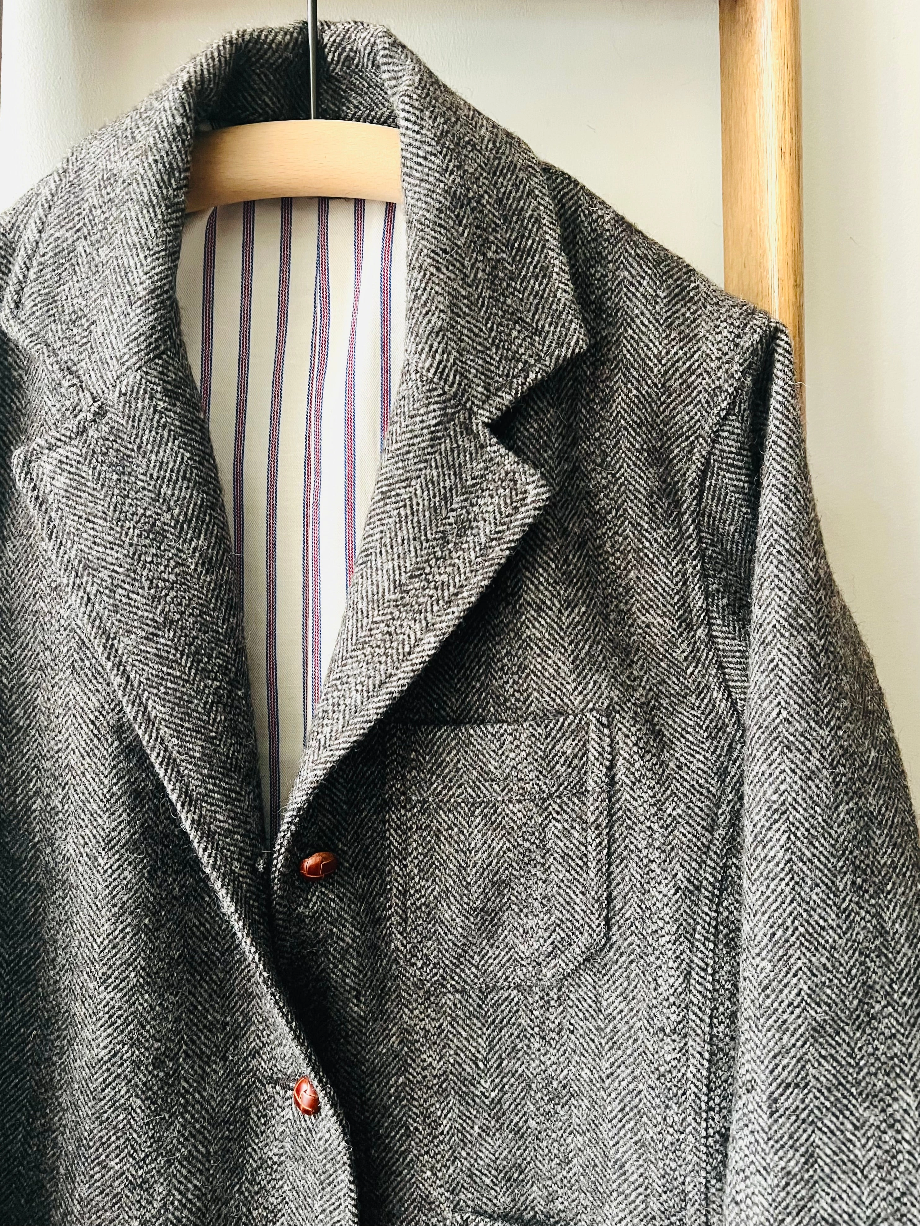 color block Stretchable Waistband Shetland Wool Worker Jacket / Brown Herringbone
