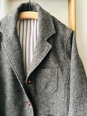 Shetland Wool Worker Jacket / Brown Herringbone Wrinkle Free Texture