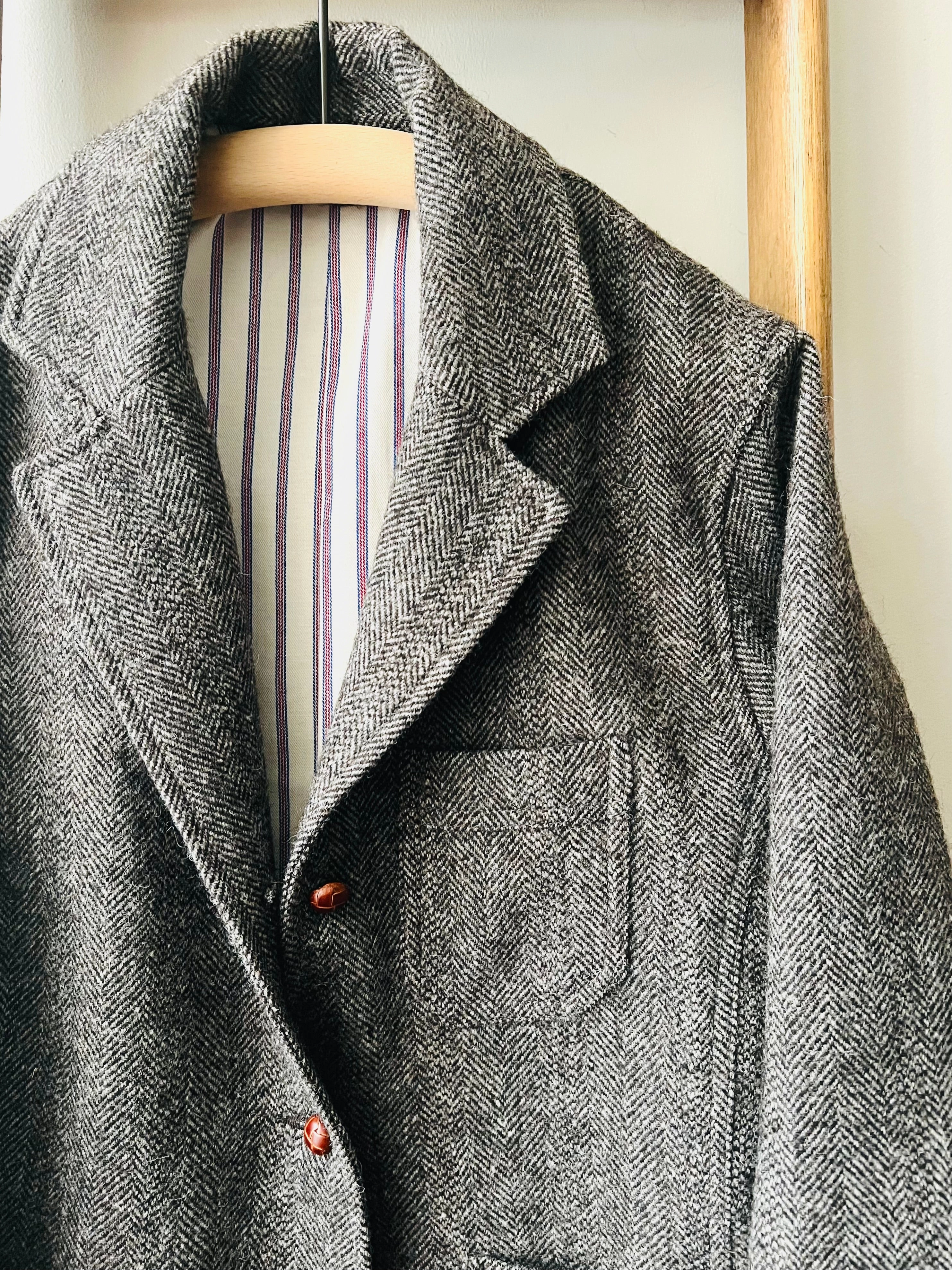 Shetland Wool Worker Jacket / Brown Herringbone Wrinkle Free Texture