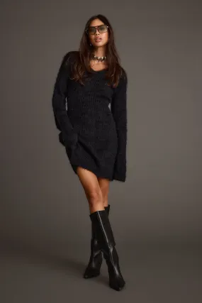 Shiloh Black V-Neck Sweater Mini Dress Flare Swing Metallic Finish