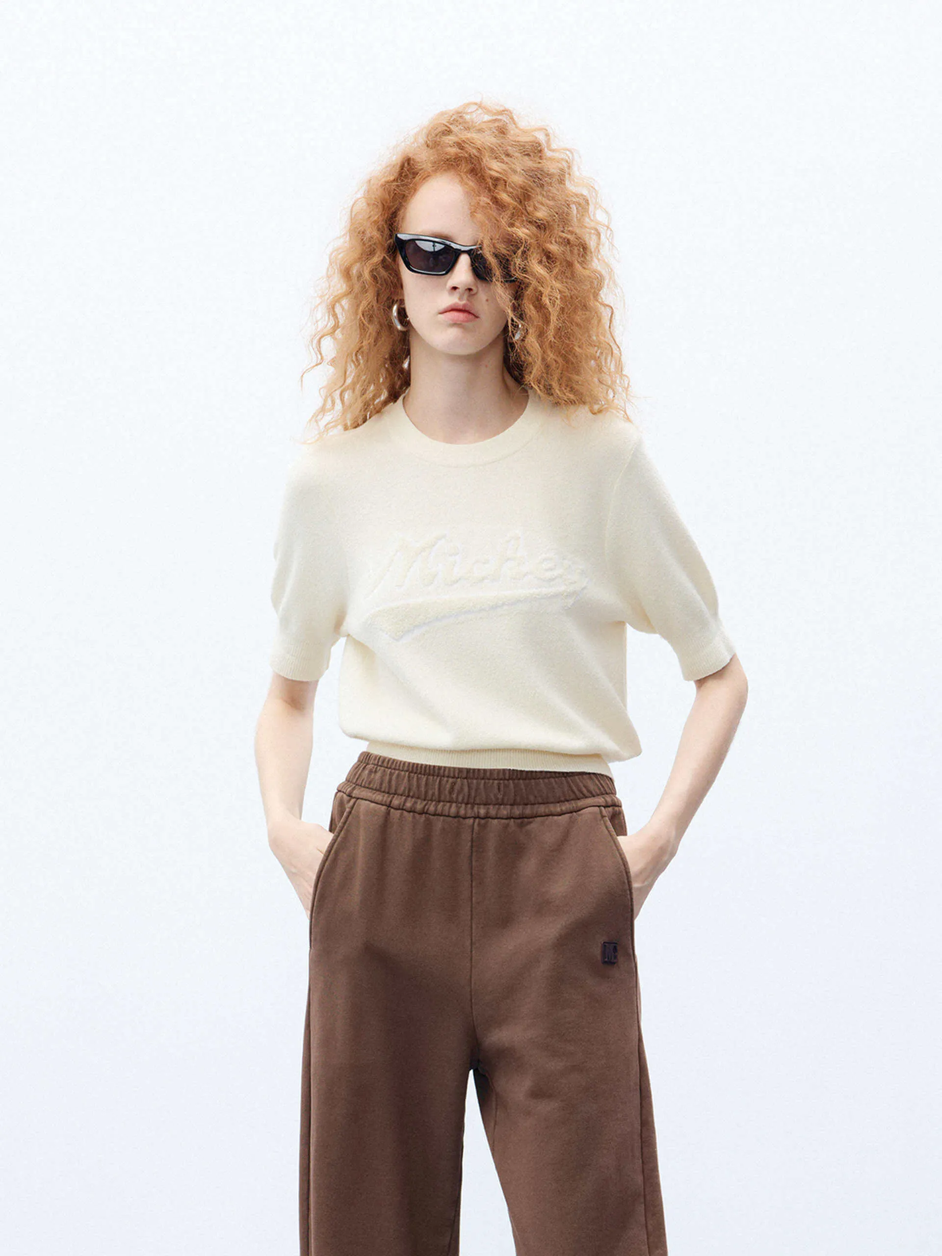 Warm design Non Restrictive Cut Short Sleeve Texture Knitted Top