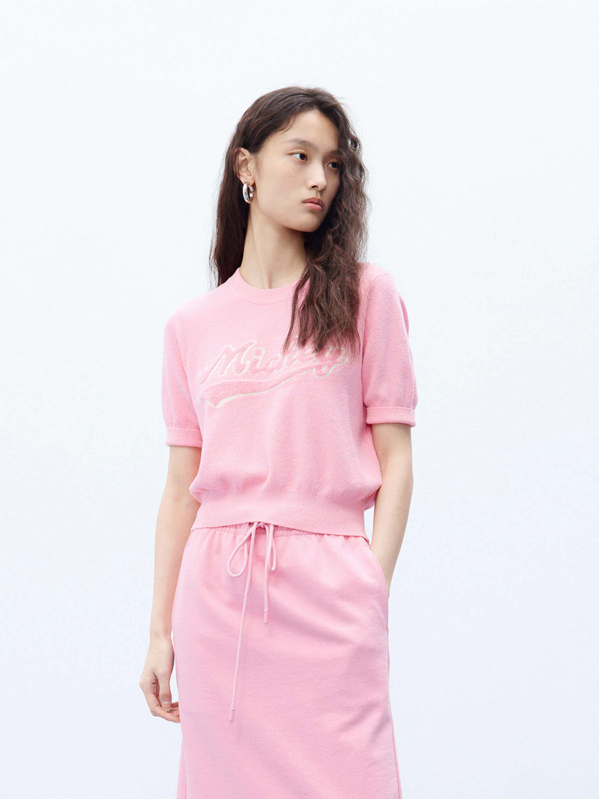 Short Sleeve Texture Knitted Top Seamless Construction Design Chilly Day Wear