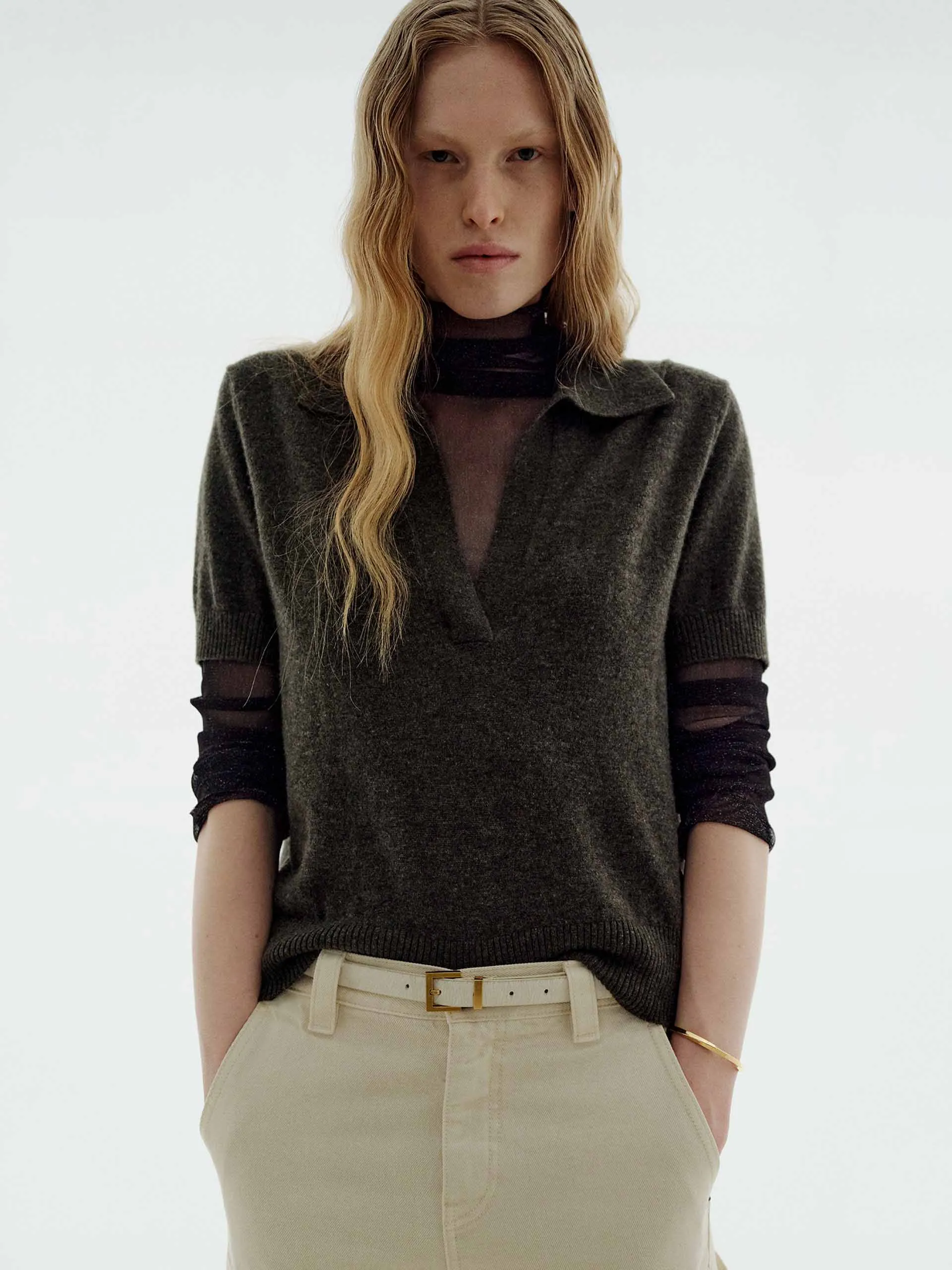 Eco Friendly Knitwear Anti Pilling Finish Short Sleeves V-neck Sweater